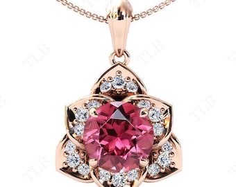 Art Deco Pink Tourmaline Necklace For Women 925 Silver Statement Pendant 14k Gold Pink Tourmaline Antique Floral Pendant Gift For Women