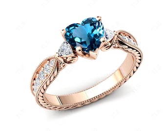 Heart Shaped London Blue Topaz Engagement Ring Vintage Blue Topaz Wedding Ring Unique Heart Shaped Blue Topaz Bridal Anniversary Ring