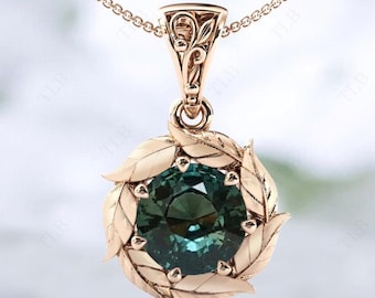 Colgante de piedra preciosa que cambia de color para mujer, collar de hoja de parra de oro rosa, colgante de zafiro verde azulado Art Deco, colgante de declaración única para ella