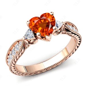 Vintage Orange Sapphire Wedding Ring For Women Art Deco Bridal Ring Heart Shaped Gemstone Ring Unique Engagement Ring 14k Gold Ring
