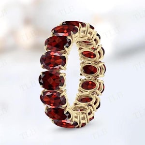 Unique Garnet Engagement Band For Women Full Eternity Band 14k Gold Garnet Wedding Band Oval Cut Red Gemstone Band Unique Statement Band