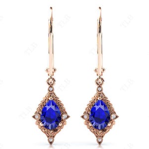 Pear Cut Blue Sapphire Earrings Rose Gold Wedding Earrings Vintage Vine Leaf Earrings Art Deco Lever Back Earrings Anniversary Gift For Her