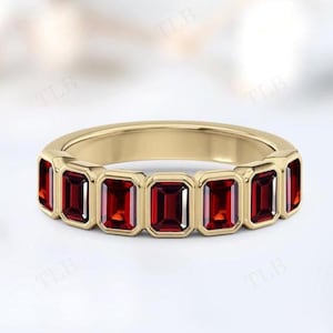 Bezel Set Garnet Band 925 Silver Garnet Engagement Band Emerald Cut Garnet Half Eternity Band Unique Wedding Band 14k Gold Band Gift For Her