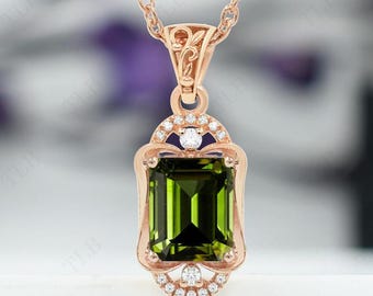 Collar de turmalina verde de talla esmeralda para mujer, colgante de piedra preciosa verde en plata 925, colgante de estilo antiguo Art Deco, colgante hecho a mano para mujer
