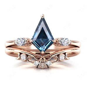 Kite Shaped London Blue Topaz Wedding Ring Set For Women Unique Engagement Ring Set Art Deco Blue Topaz Bridal Anniversary Ring Set For Her