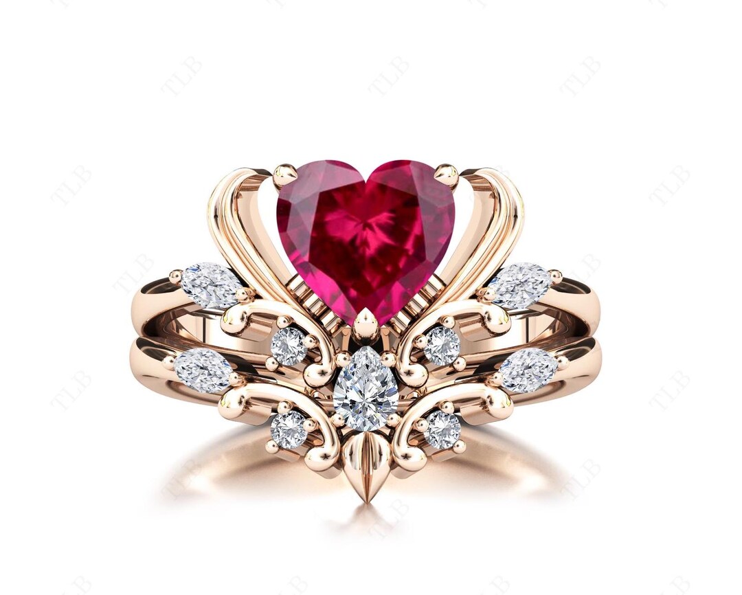 Heart Shaped Ruby Engagement Ring Set Art Deco 2pc Bridal Ring Set 14k ...