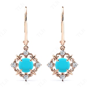 Turquoise Gemstone Earrings For Women Rose Gold Lever Back Earrings Unique Turquoise Filigree Earrings Art Deco Dangle Drop Earrings For Her