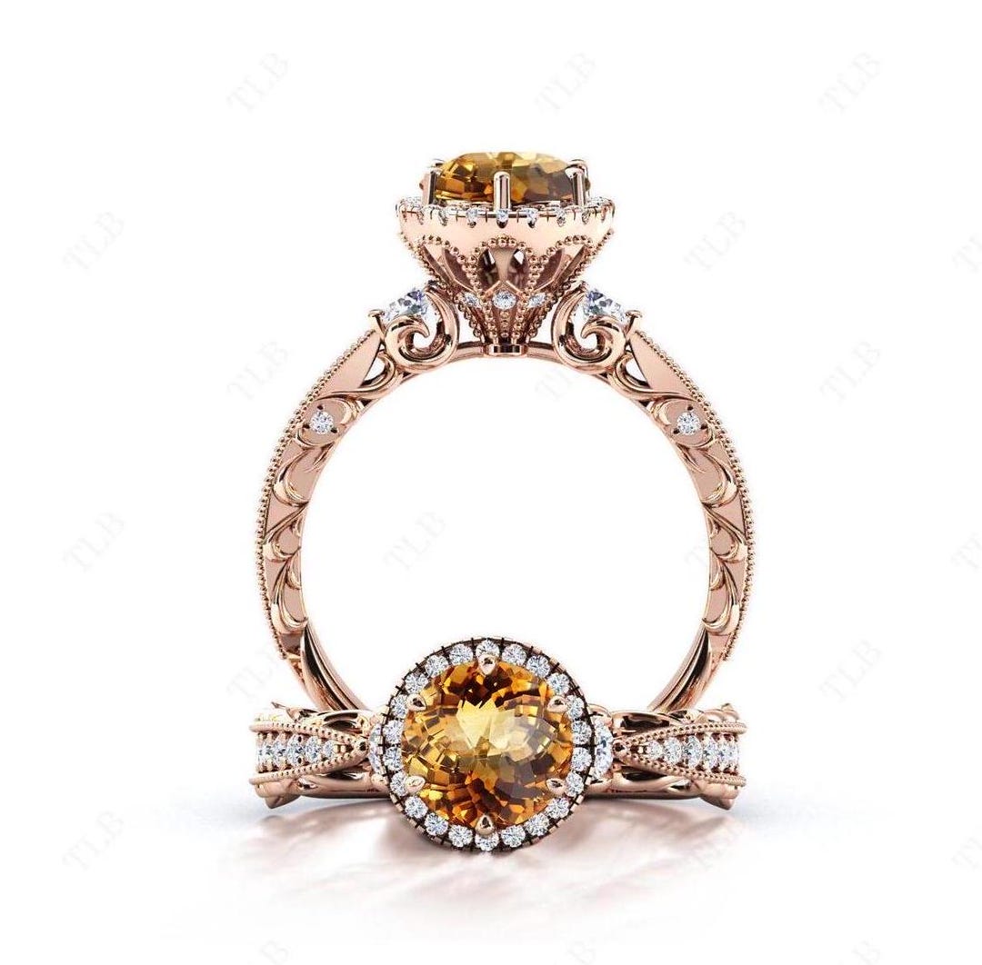 Bague Fiançailles Citrine Or Jaune 14k - Style Rétro Art Déco - Taille 6.25 - Bijou Ancien Occasion