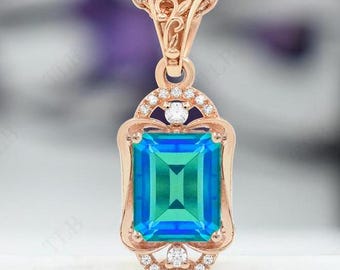 Collar vintage de cuarzo pavo real con corte esmeralda para mujer, colgante único de piedra preciosa de color biológico, collar de boda Art Deco, colgante hecho a mano de oro rosa