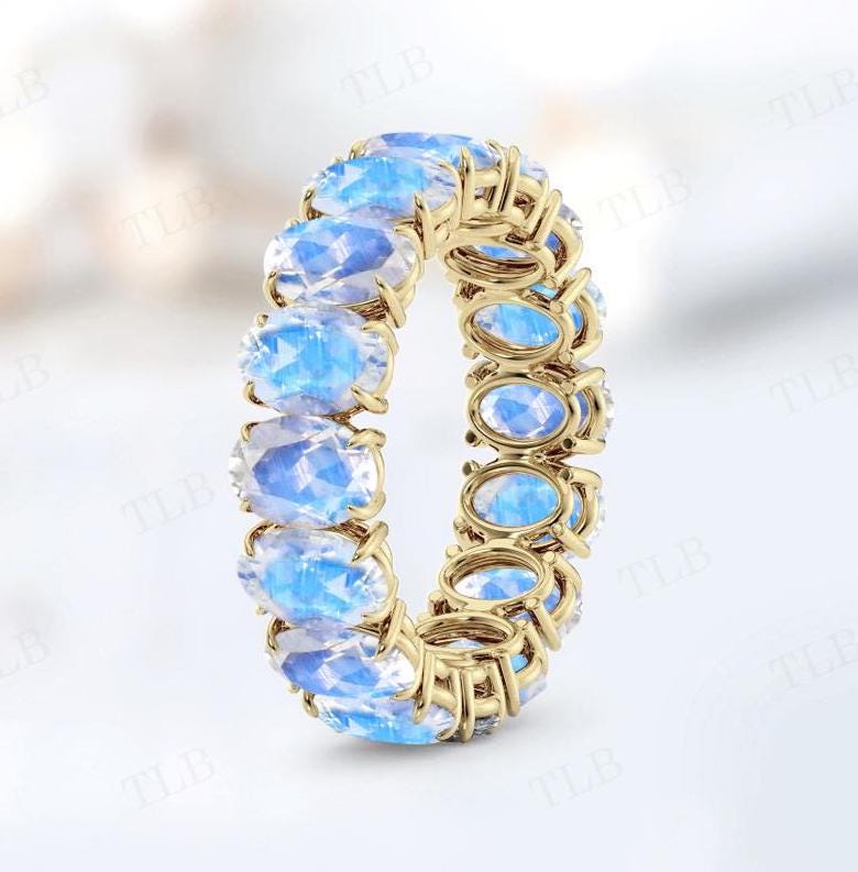 14k Gold Moonstone Band For Women Full Eternity Band Oval Cut Moonstone Wedding Band 925 Silver Handmade Stacking Band Unique Wedding Band