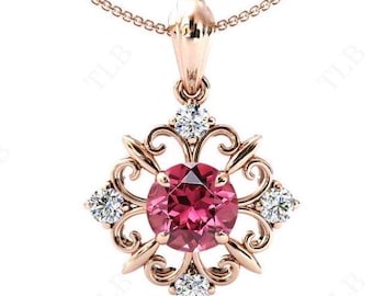 Unique Pink Tourmaline Necklace 14k Gold Handmade Pendant Art Deco Pink Tourmaline Filigree Pendant Antique Wedding Pendant Gift For Women