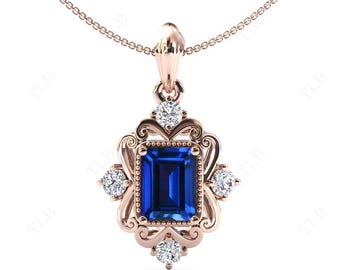 Unique Blue Sapphire Necklace For Women Vintage Wedding Pendant Art Deco Filigree Pendant 925 Silver Handmade Pendant 14k Gold Pendant