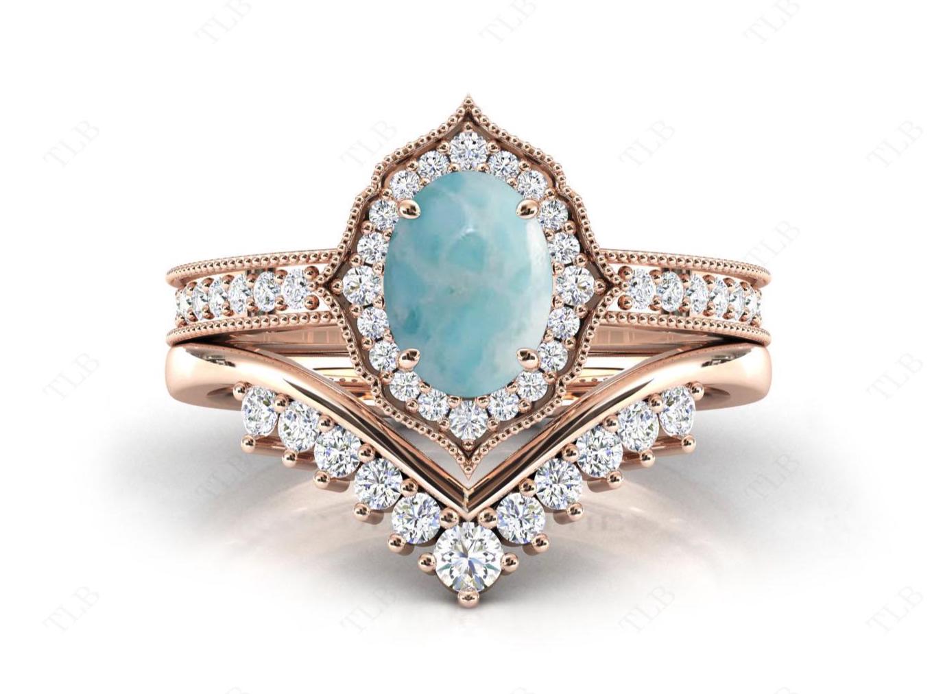 Unique Larimar Engagement Ring Set For Women 14k Gold Miligreen Style Ring Set Vintage Art Deco Larimar Wedding Ring Set Anniversary Gift