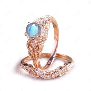 Blue Fire Labradorite Engagement Ring Set Antique 2Pce Wedding Ring Set 925 Silver Labradorite Art Deco Bridal Promise Ring Set Gift For Her