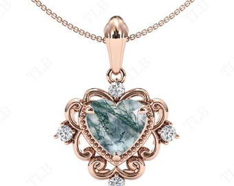 Heart Shaped Moss Agate Filigree Necklace Art Deco Vintage Pendant Rose Gold Statement Pendant Unique Wedding Pendant 14k Gold Pendant