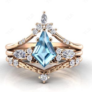Art Deco Kite Shaped Sky Blue Topaz Wedding Ring Set For Women Antique 2Pce Engagement Ring Set 14k Gold Blue Topaz Unique Anniversary Rings