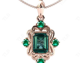 Emerald Cut Teal Sapphire Necklace For Women Filigree Pendant Art Deco Wedding Pendant 925 Silver Green Blue Sapphire Pendant Gift For Her