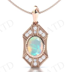 Oval Cut Opal Pendant For Women Unique Wedding Necklace 925 Silver Opal Art Deco Statement Pendant 14k Gold Pendant Anniversary Gift