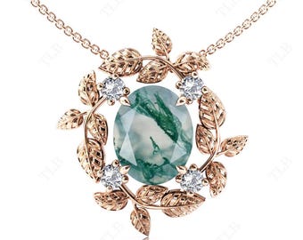 14k Gold Moss Agate Necklace For Women Unique Moss Agate Vine Leaf Pendant 925 Silver Green Gemstone Pendant Art Deco Necklace Gift For Her