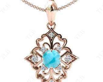 14k Gold Larimar Filigree Pendant Antique Wedding Necklace Rose Gold Handmade Pendant Vintage Larimar Statement Pendant Gift For Women
