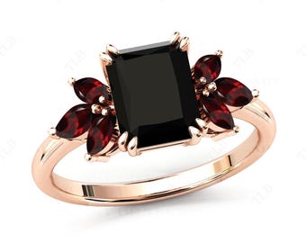 Unique Black Onyx Engagement Ring Women Black Gemstone Ring Vintage Cluster Wedding Ring Art Deco Multi Gemstone Ring Rose Gold Garnet Ring