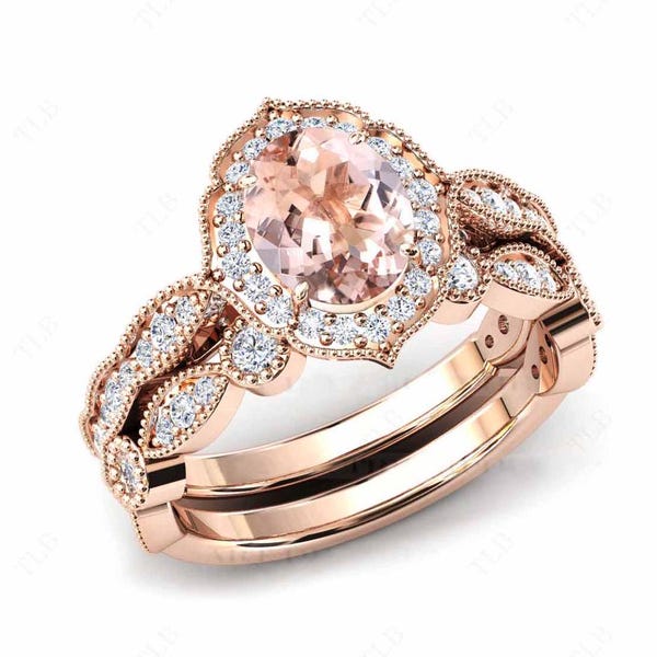 Oval Cut Morganite Engagement Ring Set Antique Morganite 2Pc Wedding Ring Set Rose Gold Halo Bridal Ring Set Vintage Anniversary Ring Set