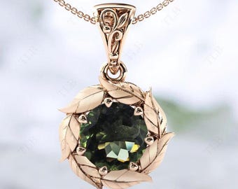 Moldavite Gemstone Pendant For Women 14k Gold Moldavite Vine Leaf Pendant Art Deco Wedding Pendant Antique Style Pendant Anniversary Gift