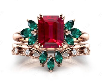 Vintage Emerald Cut Ruby Wedding Ring Set For Women 14k Gold Ruby 2 Piece Ring Set Unique Emerald Cluster Engagement Ring Set Gift For Women