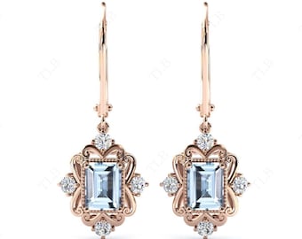 14k Gold Aquamarine Earrings For Women Vintage Emerald Cut Aquamarine Art Deco Filigree Earrings Antique Handmade Earrings Vintage Earrings