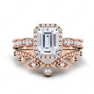 Art Deco Moissanite Engagement Ring Set Antique 2Pc Wedding Ring Set For Women 14k Gold Moissanite Vintage Halo Anniversary Ring Set For Her