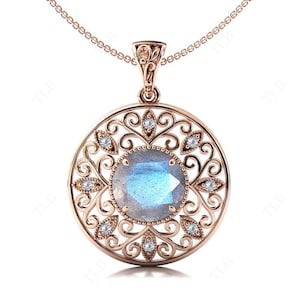 Blue Fire Labradorite Pendant For Women 14k Gold Labradorite Antique Filigree Design Necklace Unique Wedding Pendant Art Deco Necklace