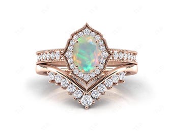 Unique Opal Engagement Ring Set 925 Silver Opal Art Deco Halo Wedding Ring Set 925 Silver Opal Vintage Anniversary Ring Set Gift For Her