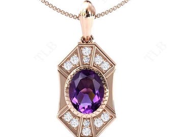 May include: A rose gold pendant necklace with a large oval amethyst gemstone surrounded by smaller diamonds. The pendant is set in a geometric design with a octagonal shape.