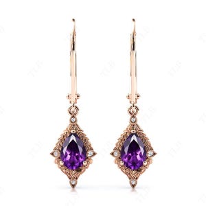 Pear Cut Amethyst Earrings For Women Art Deco Amethyst Wedding Earrings Purple Gemstone Earrings Rose Gold Vine Leaf Earrings Gift For Women