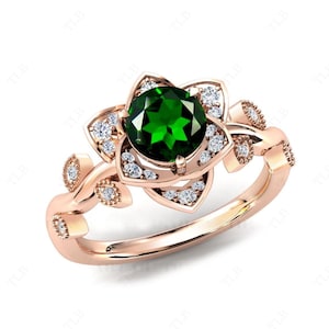 Unique Chrome Diopside Engagement Ring For Women 14k Gold Chrome Diopside Floral Deisgn Ring Art Deco Leaf Engagement Ring Gift For Her