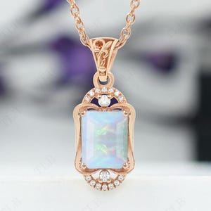 14k Gold Opal Necklace For Women Vintage Wedding Pendant Emerald Cut Opal Gemstone Pendant Art Deco Statement Pendant Women Anniversary Gift