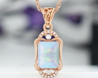 14k Gold Opal Necklace For Women Vintage Wedding Pendant Emerald Cut Opal Gemstone Pendant Art Deco Statement Pendant Women Anniversary Gift