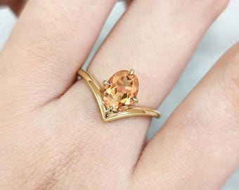V Shaped Curved Citrine Engagement Ring Unique Citrine Wedding Ring For Women 925 Silver Citrine Vintage Anniversary Ring Gift For Women