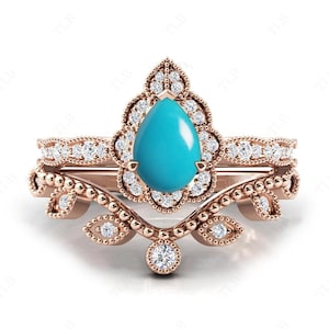 Art Deco Pear Cut Turquoise Wedding Ring Set For Women 925 Silver Turquoise Antique 2Pc Engagement Ring Set Unique Halo Anniversary Ring Set