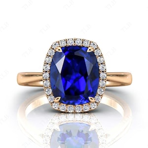 Unique Blue Sapphire Engagement Ring For Women Blue Gemstone Ring Cushion Cut Blue Sapphire Wedding Ring Art Deco Halo Bridal Promise Ring