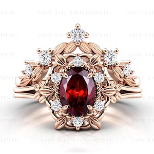 14k Gold Granat Verlobungsring Art Deco Oval geschnitten Granat Ehering Set Antike Braut Versprechen Ring Vintage Jahrestag Ring Set