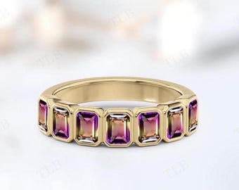 Bio Color Ametrine Wedding Band For Women 14k Rose Gold Ametrine Half Eternity Engagement Band Bezel Set Ametrine Bridal Anniversary Band