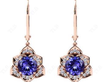 Pendientes Art Déco de tanzanita, pendientes florales únicos para mujer, pendientes de estilo antiguo, pendientes de oro de 14k con tanzanita, pendientes de boda vintage, regalo para ella.