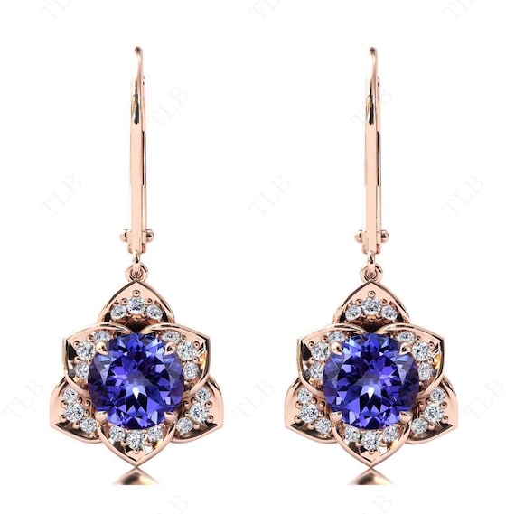 Art Deco Tanzanite Earrings Unique Floral Earrings For Women Antique Style Earrings 14k Gold Tanzanite Vintage Wedding Earrings Gift For Her