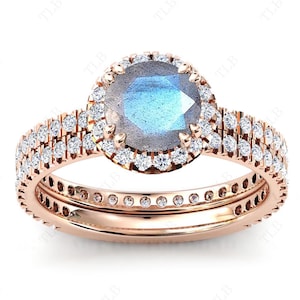 Blue Fire Labradorite Halo Wedding Ring Set 925 Silver Labradorite Art Deco Engagement Ring Vintage 2Pce Bridal Ring Set Anniversary Gift
