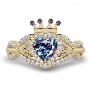 Art Deco Alexandrite Engagement Ring 14k Gold Claddagh Ring For Women Heart Shaped Alexandrite Antique Halo Bridal Ring Anniversary Gift