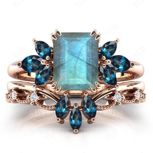 Blue Fire Labradorite Wedding Ring Set 925 Silver Labradorite 2Pc Engagement Ring Set Emerald Cut Gemstone Ring Set Blue Topaz Cluster Rings