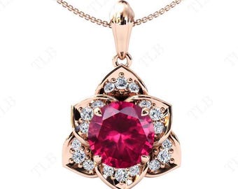 Art Deco Ruby Floral Necklace For Women Unique Wedding Pendant 925 Silver Ruby Antique Style Pendant Rose Gold Handmade Pendant Gift For Her