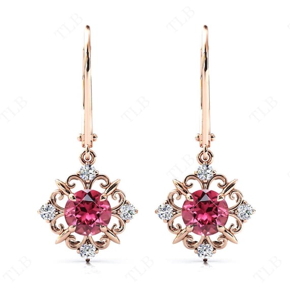 Pink Tourmaline Earrings Unique Filigree Earrings Antique Style Earrings 14k Gold Lever Back Earrings Unique Handmade Earrings Gift For Her