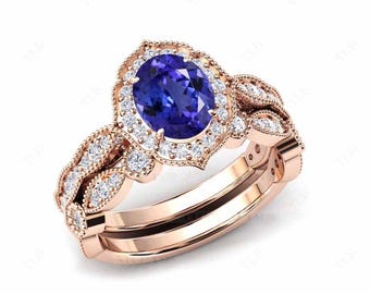 Unique Tanzanite Engagement Ring Set Vintage Tanzanite Wedding Ring Set Art Deco Halo Tanzanite Bridal Promise Ring Set Gift For Women